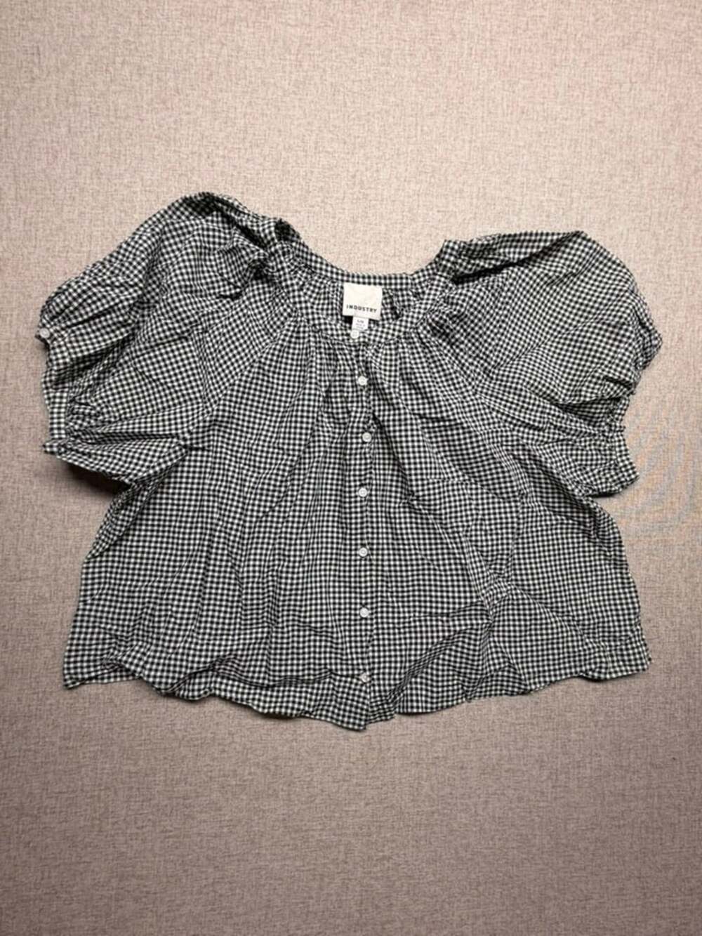 Industry Women's Large Black White Gingham Puff Sleeve Button Front Blouse